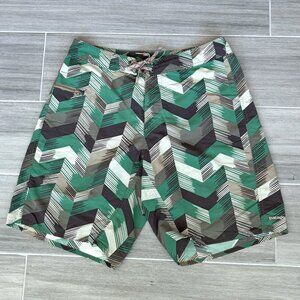 PATAGONIA Swim Shorts Men's 33W Geometric Green Tan Black White GORP Zip Pocket